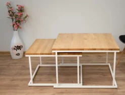 Couchtisch Set quadratisch massiv eiche mit Metallgestell