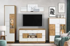 Orbano white Wohnwand mit Hirnholz Applikation weiß / alteiche