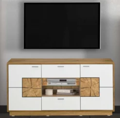 Orbano white Wohnwand mit Hirnholz Applikation weiß / alteiche